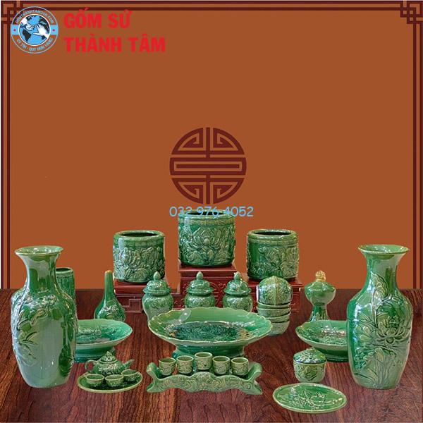Bộ đồ thờ men ngọc lục bảo tổng thể sen bát hương không đỉnh hạc